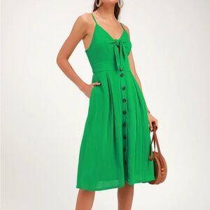 Lulu’s Sacred Lotus Green Tie-Front Midi Dress